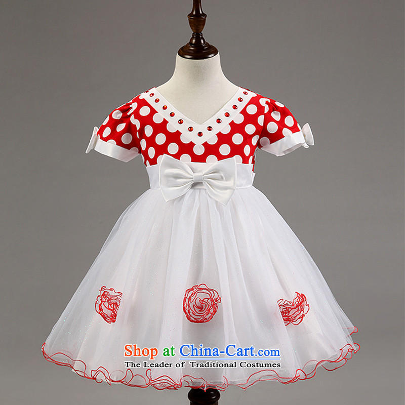 Korean Children Summer chiffon wave point bow tie dress princess skirt girls Short Sleeve V-Neck performances dresses Red140