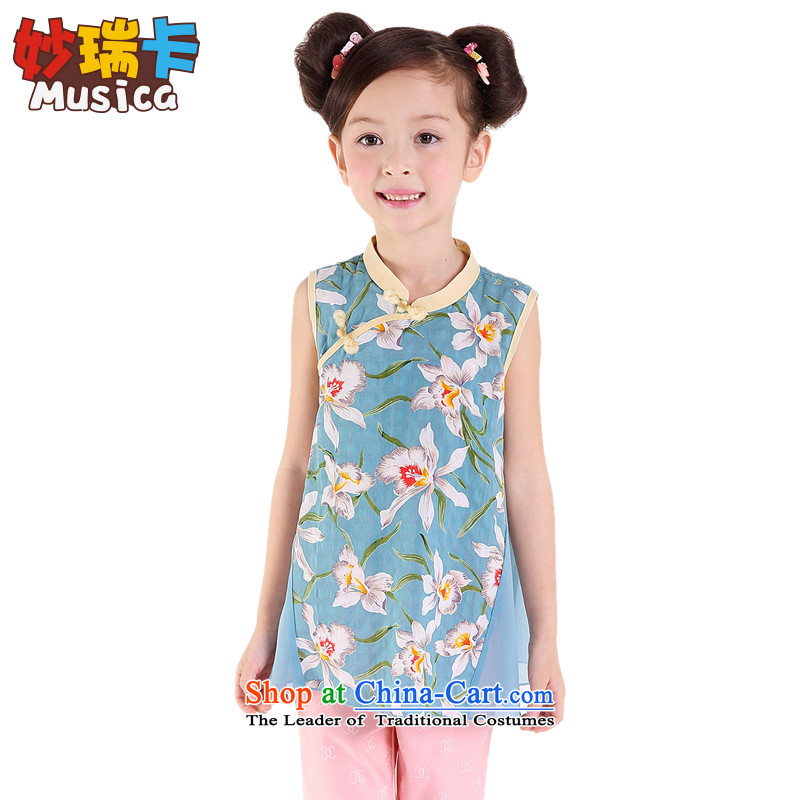 Sepia girls qipao Summer Children Tang dynasty children's apparel girls princess shirt guzheng will Lake Green 160