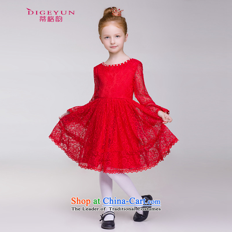 The following children dress red engraving lace dress skirt flower girl children will princess skirt Red 140