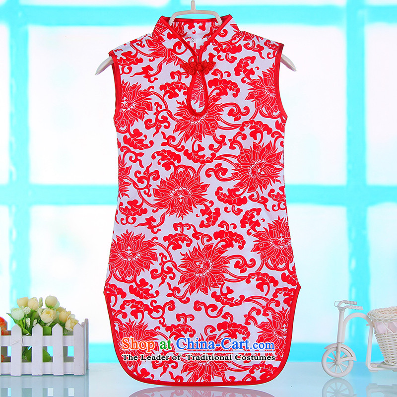 The baby girl children new summer of CUHK porcelain pure cotton qipao Tang dynasty guzheng will dress 4682 porcelain Red 110
