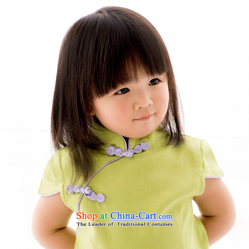 2015 Summer new child qipao pure color fresh small girls short-sleeved dresses cotton linen dress your baby Green 100
