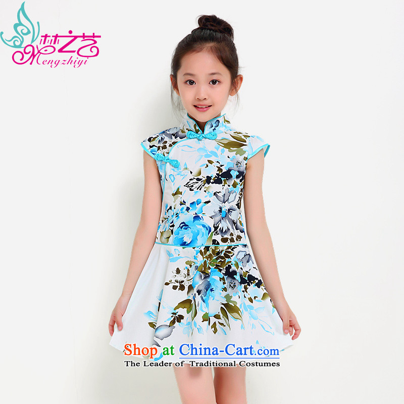The dream girl children arts cheongsam cheongsam dress Tang dynasty women 2015 Summer baby new summer short-sleeved clothes dresses MZY-0302 new products of blue feelings hangtags 130 for 120-130