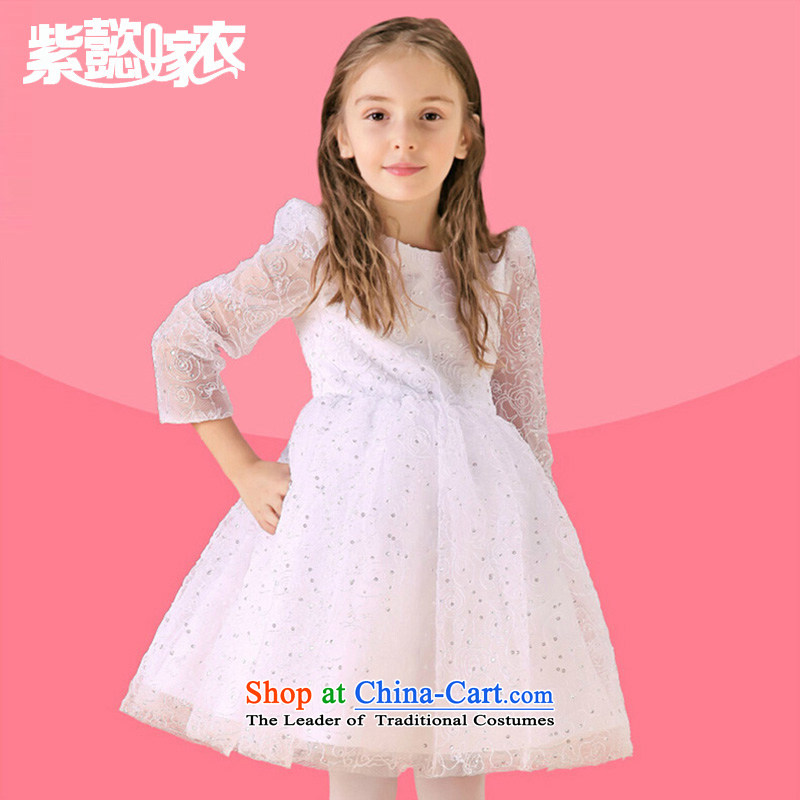 The first spring and summer wedding gown headquarters children will come on girls wearing chip lace cotton fabric snow white long-sleeved gown bon bon skirt TZ0206 White (single piece skirt) 14 yards (recommendation 150-160cm), standing purple headquarter