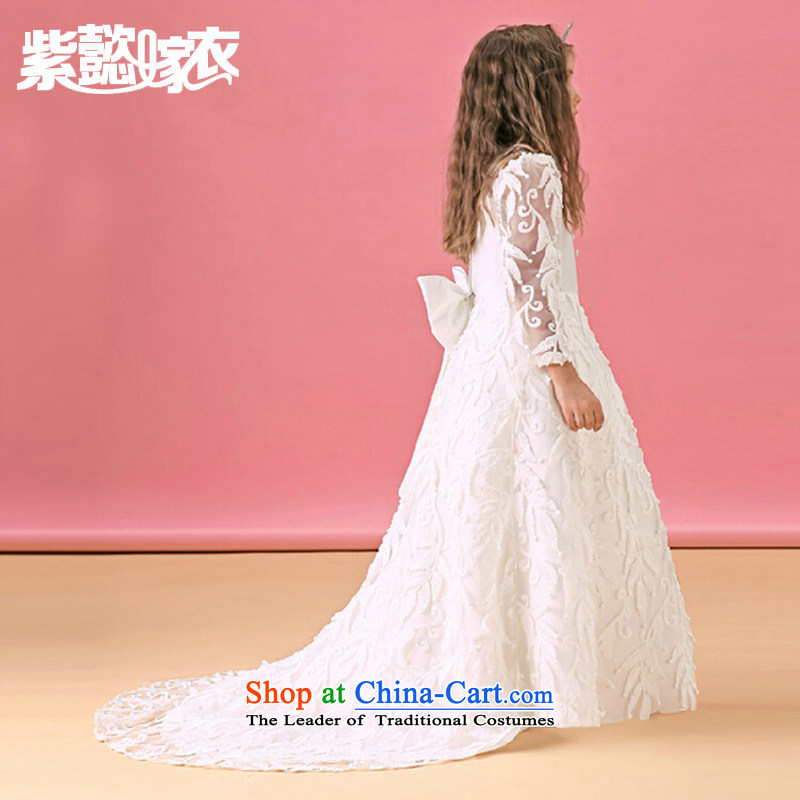 First headquarters wedding gown girls princess skirt the spring and summer of CUHK's rompers long tail lace engraving long-sleeved dragging Flower Girls will dress TZ0219 white 14 yards (recommendation 160-165cm), standing purple headquarters wedding dres