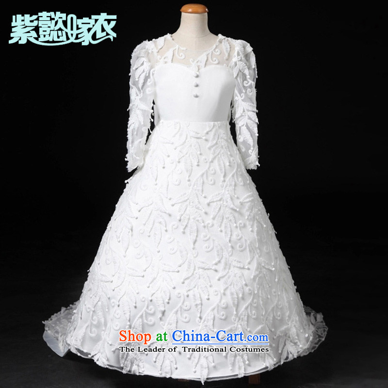 First headquarters wedding gown girls princess skirt the spring and summer of CUHK's rompers long tail lace engraving long-sleeved dragging Flower Girls will dress TZ0219 white 14 yards (recommendation 160-165cm), standing purple headquarters wedding dres