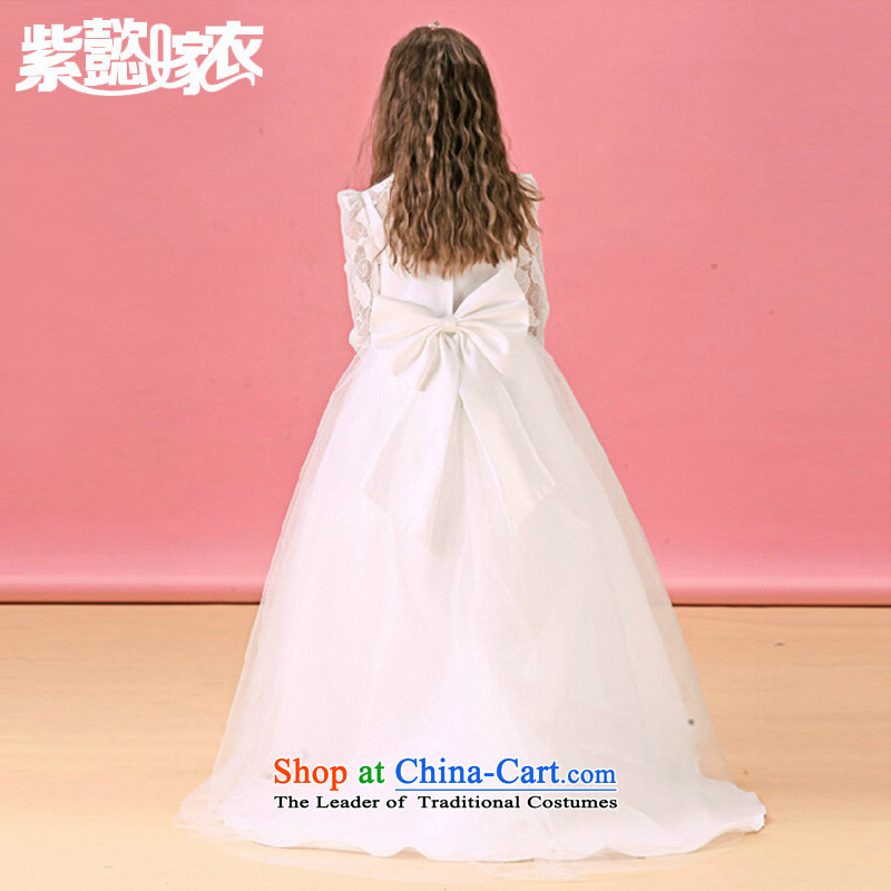 First headquarters wedding gown girls princess skirt the spring and summer of CUHK's rompers tail long skirt lace engraving long-sleeved irrepressible gauze Flower Girls will dress TZ0218 white 14 yards (recommendation 160-165cm), standing purple headquar