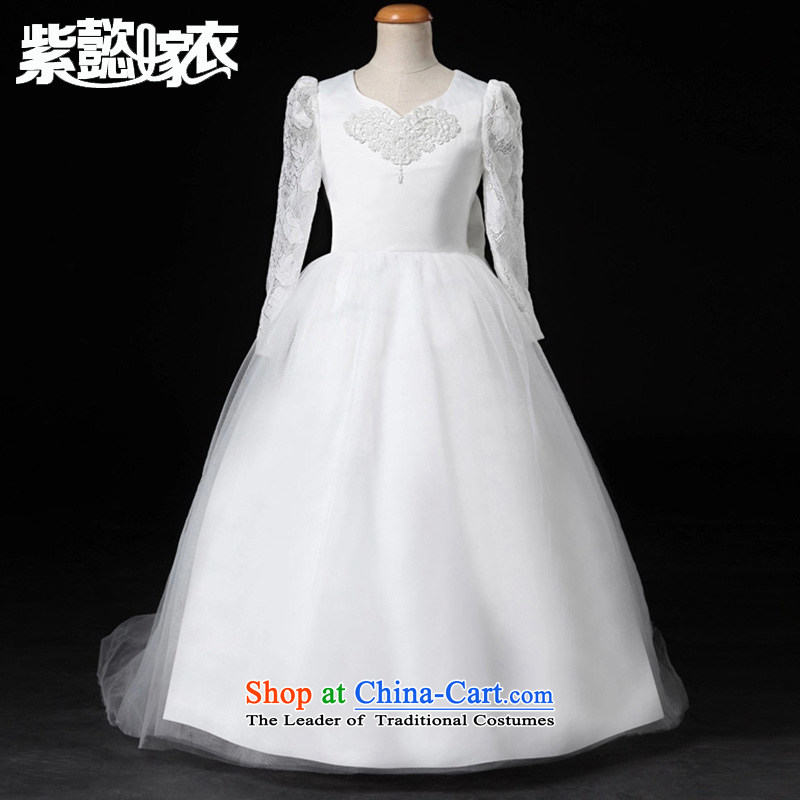 First headquarters wedding gown girls princess skirt the spring and summer of CUHK's rompers tail long skirt lace engraving long-sleeved irrepressible gauze Flower Girls will dress TZ0218 white 14 yards (recommendation 160-165cm), standing purple headquar
