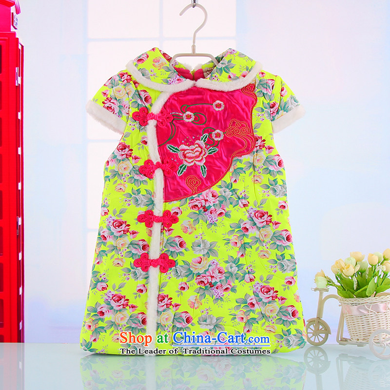 The new child qipao winter New Year holiday qipao girls pure cotton waffle robes female Po unit stamp qipao fluorescent color 130