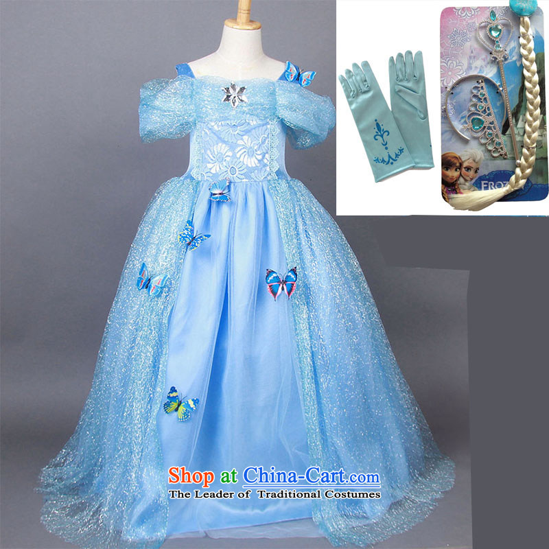 In accordance with the Share Option Scheme, the Bangwei 2015 princess hundreds skirt the same Cinderella Princess skirts of their children dress skirt frozen dresses Christmas children's clothing female blue dress + stamp gloves Four piece set?130