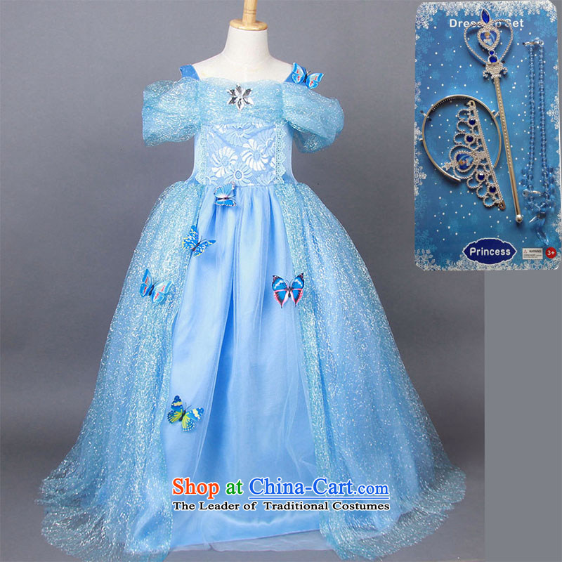 In accordance with the Share Option Scheme, the Bangwei 2015 princess hundreds skirt the same Cinderella Princess skirts of their children dress skirt frozen dresses Christmas children's clothing female blue dress + stamp gloves Four piece set in accordan