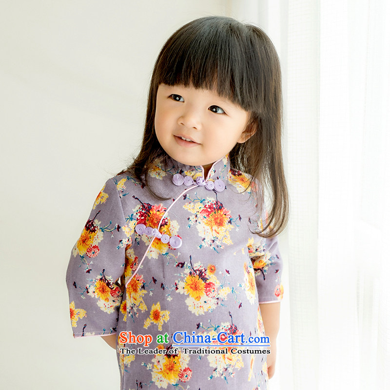 Child Lok Wei spring and autumn_ Children Tang dynasty qipao girls 7 cuff cotton linen dresses Chinese Chrysanthemum retro baby skirt suits?120