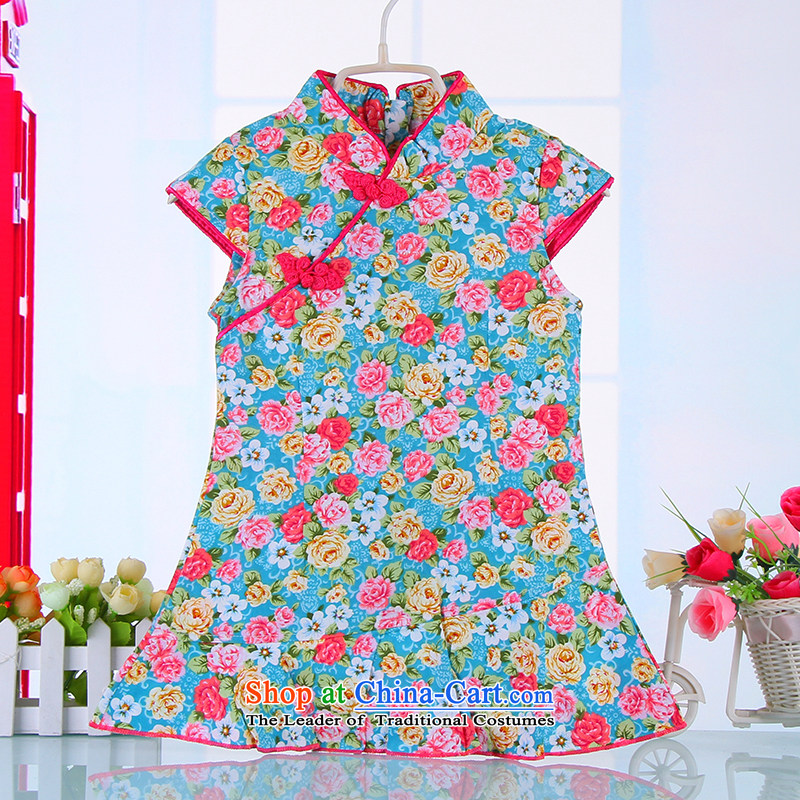 Small and new Dordoi spring and summer, children Tang dynasty qipao girls short-sleeved dresses pure cotton saika China wind retro baby blue skirt 120 Bunnies Dodo xiaotuduoduo) , , , shopping on the Internet