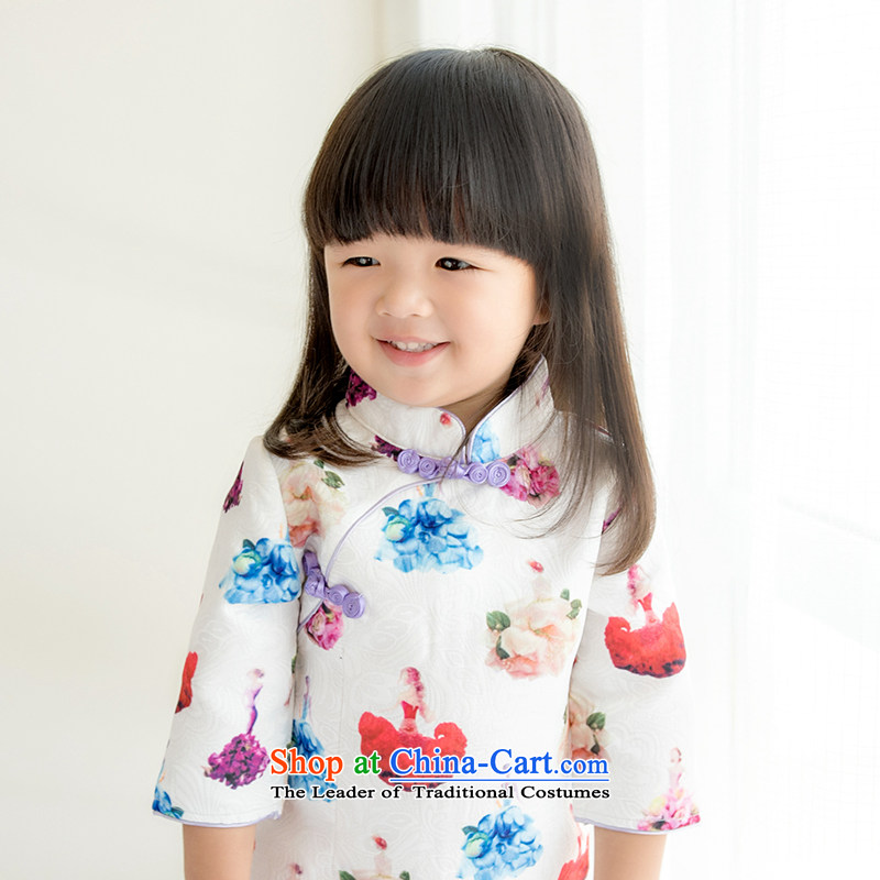 Child Lok Wei spring and autumn_ Children Tang dynasty qipao girls 7 cuff dresses big pure cotton jacquard Chinese baby skirt White?100