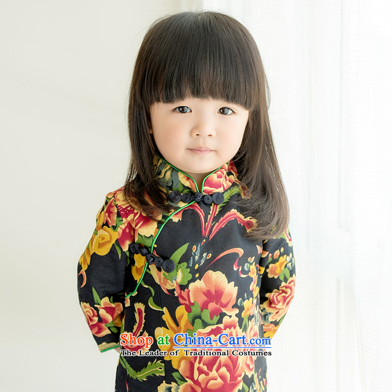 Child Lok Wei, children fall qipao Tang dynasty girls 7 cuff dresses black large jacquard yarn-dyed fabric cotton linen Chinese baby skirt black large jacquard yarn-dyed fabric 120 girls Lok Wei (tonglehui) , , , shopping on the Internet