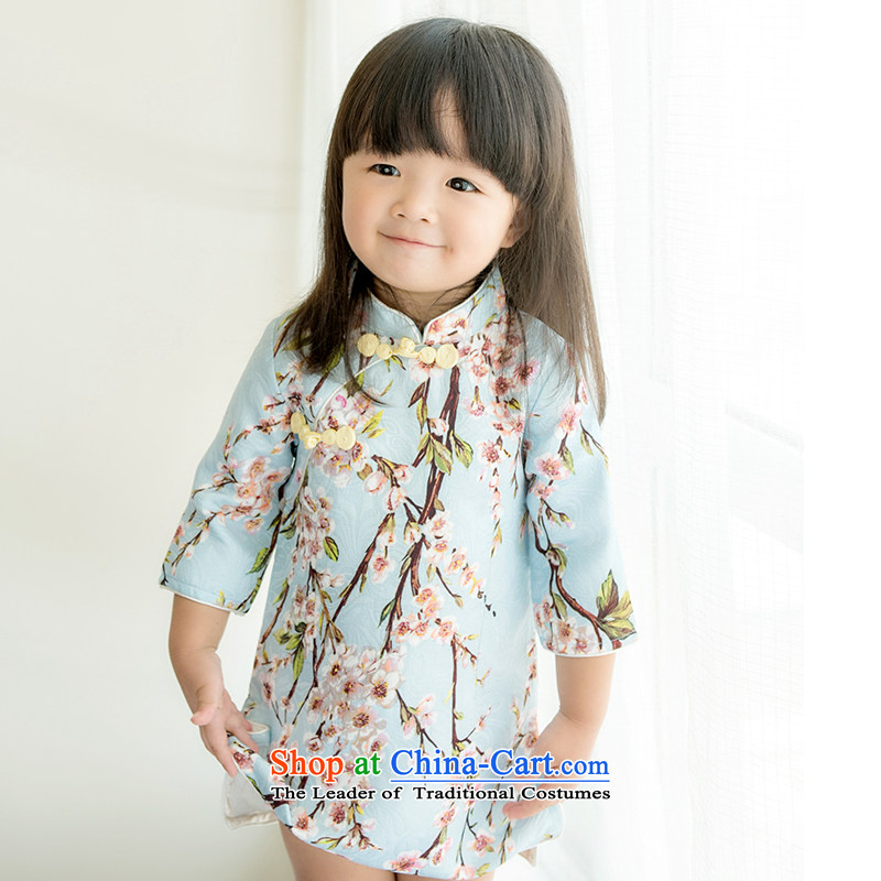 Child Lok Wei spring and autumn_ Children Tang dynasty qipao girls 7 cuff dresses in pure cotton jacquard Chinese baby blue skirt 110