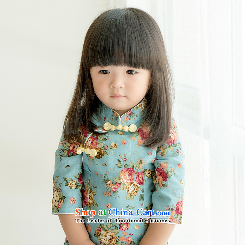 Child Lok Wei spring and autumn_ Children Tang dynasty qipao girls 7 cuff dresses arts fan cotton linen Chinese Antique baby blue skirt spent?120