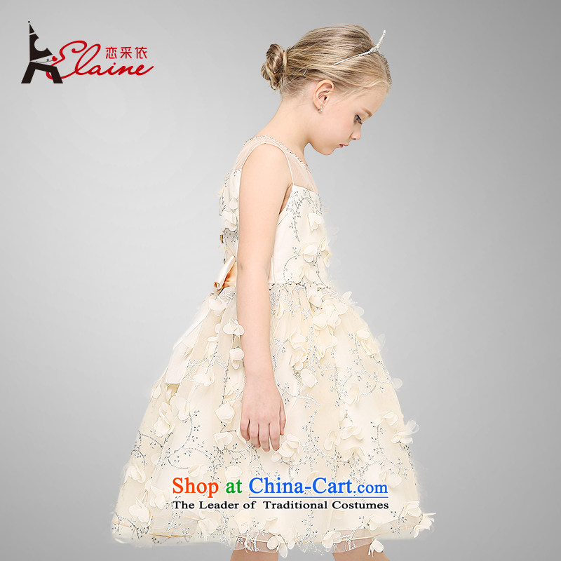 In accordance with the girl child friendly picking princess skirt dress girls dresses upscale manually children Princess Pearl of the nails skirt will round-neck collar chiffon petals wedding dress apricot 160 Land (liancaiyi picking) , , , shopping on th