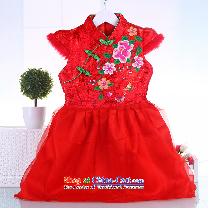 The girl child skirts autumn and winter cheongsam dress infant baby princess dress skirts national performances Tang Red?140