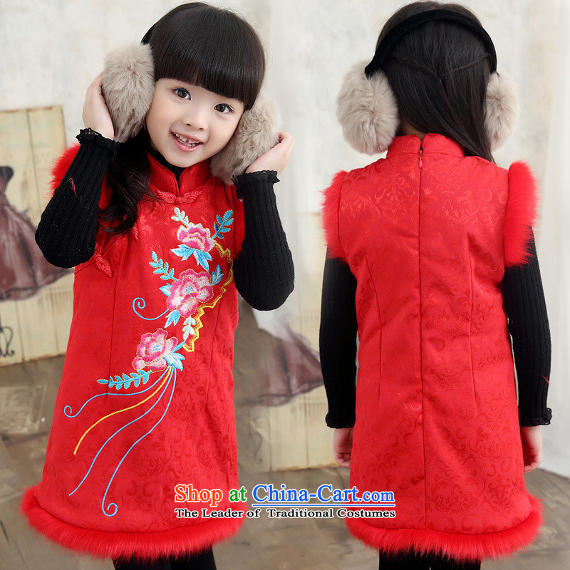 2015 Autumn and Winter, Retro national small and medium-sized child embroidered edge parquet gross collar sleeveless rabbit wool cheongsam red?120 code suitable for 110cm, Height