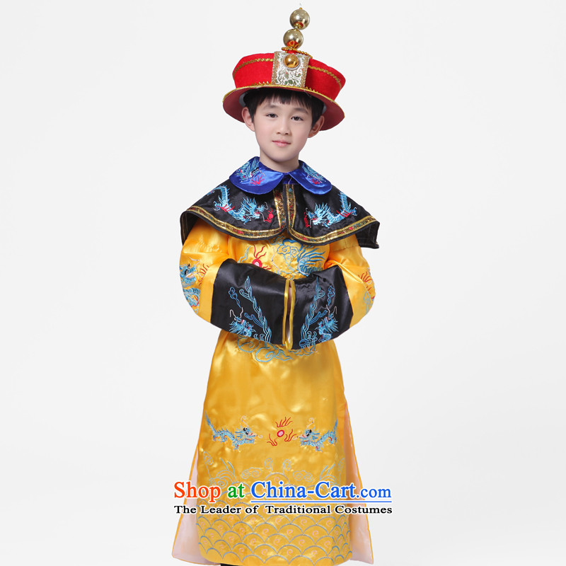 Adjustable leather case package children costume boy of the Qing emperor replacing dragon robe clothing ancient performances services Dress Photography Yellow140cm