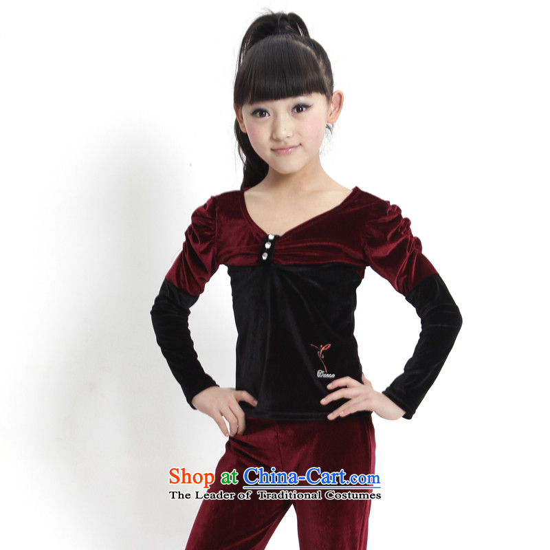 Kim scouring pads V-Neck long-sleeved less children will girls dancing ballet serving Latin dance autumn and winter exercise clothing wine red 160cm