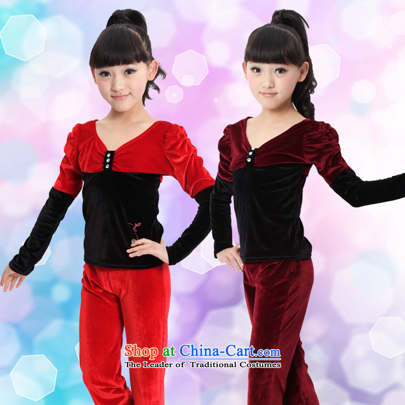 Kim scouring pads V-Neck long-sleeved less children will girls dancing ballet serving Latin dance autumn and winter exercise clothing 160cm, wine red leather package has been pressed to online shopping