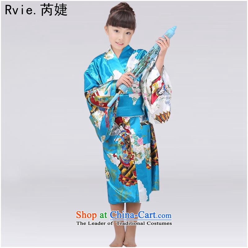 Traditional Japanese girl children are kimonos long robes bathrobes stage performances showing the dance wearing blue color, 140cm