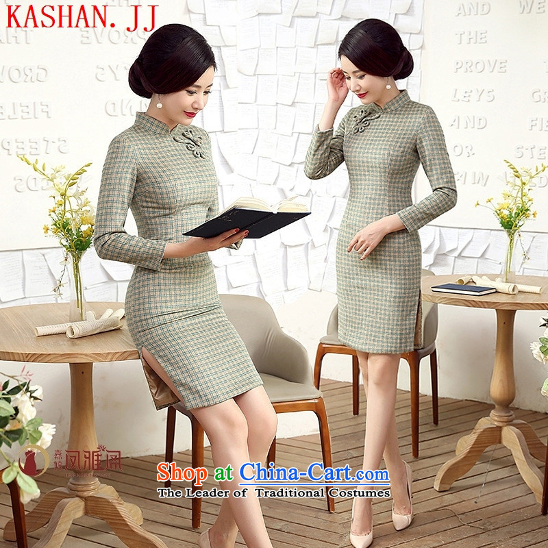 Mano-hwan's 2015 autumn and winter trendy new classic plaid wool?   long-sleeved cheongsam dress retro black?M