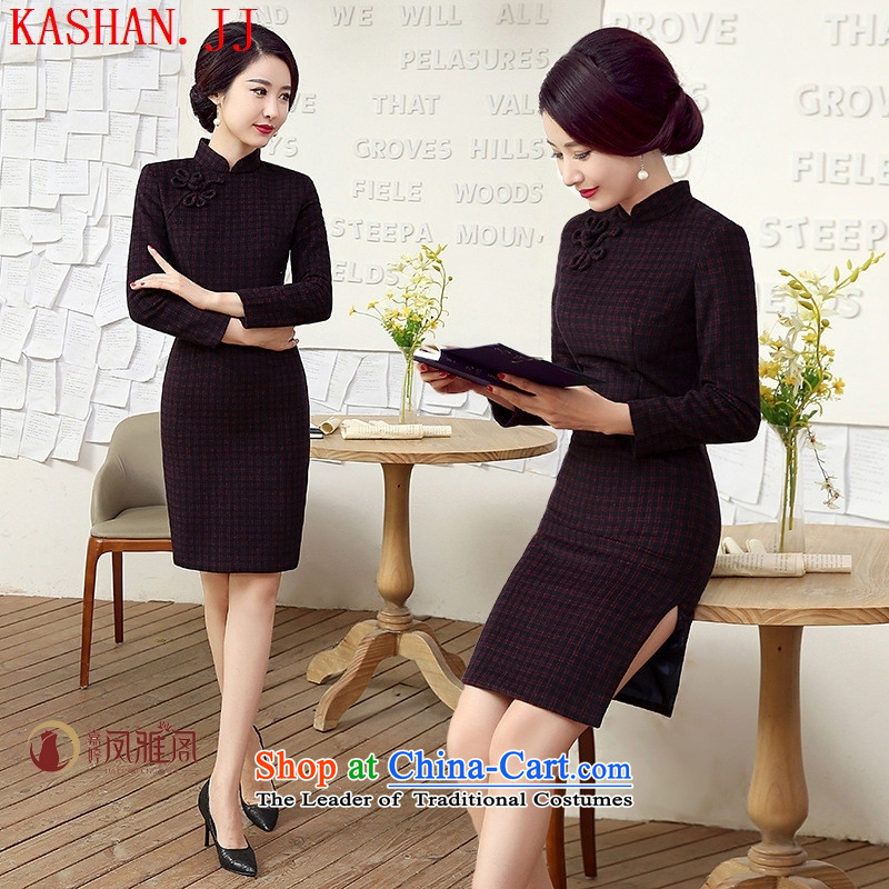 Mano-hwan's 2015 autumn and winter trendy new classic plaid wool?   long-sleeved cheongsam dress retro black M Card Shan (KASHAN.JJ CHRISTMASTIME) , , , shopping on the Internet