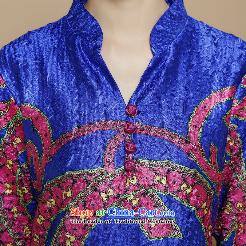 2015 Autumn and Winter, silk linen in long sleeve and dresses in Tang Dynasty older retro Embroidery Stamp skirt middle-aged ladies minimalist wild blue skirt XXXL,UYUK,,, shopping on the Internet