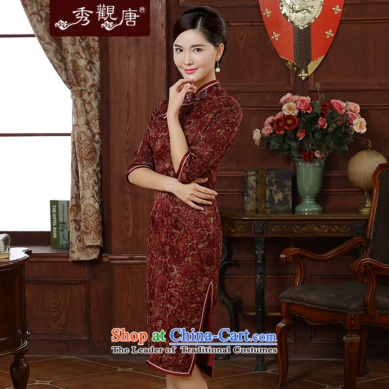 [Sau Kwun Tong] Red Ying Qiu New) 2015 High silk yarn in the cloud of incense retro cuff cheongsam dress improved stylish red , L, Sau Kwun Tong shopping on the Internet has been pressed.