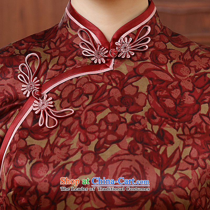 [Sau Kwun Tong] Red Ying Qiu New) 2015 High silk yarn in the cloud of incense retro cuff cheongsam dress improved stylish red , L, Sau Kwun Tong shopping on the Internet has been pressed.