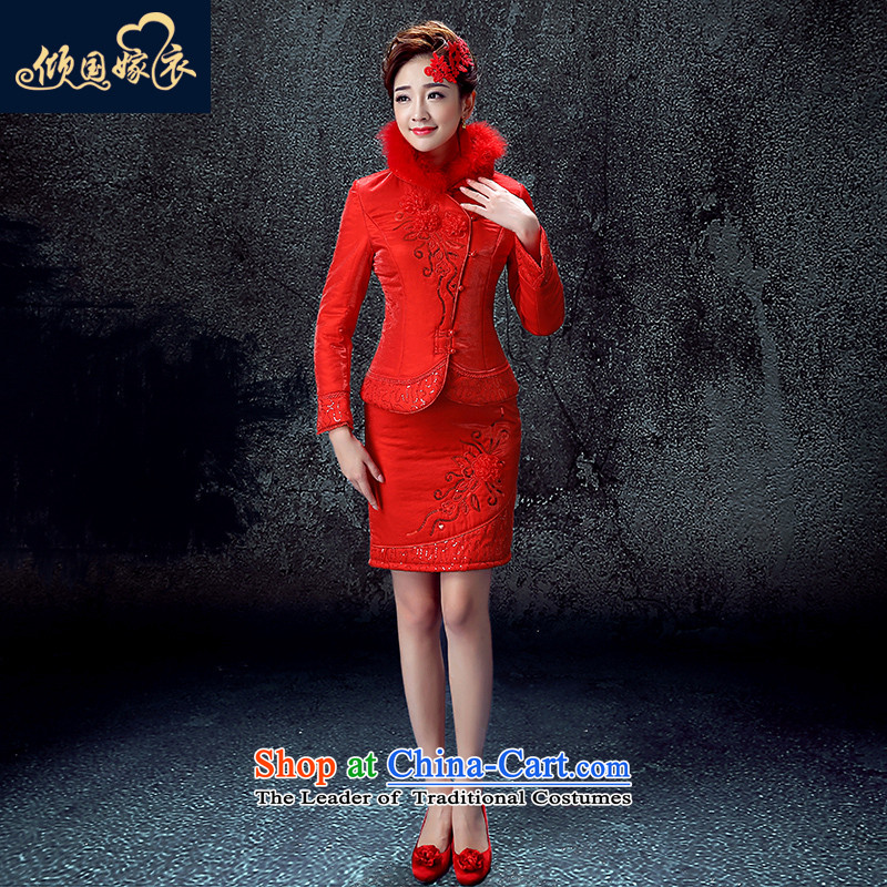 The bride bows service long-sleeved wedding dress the new 2015 cotton robes of autumn and winter short stylish girl red XXL, red dust in the wedding dress shopping on the Internet has been pressed.