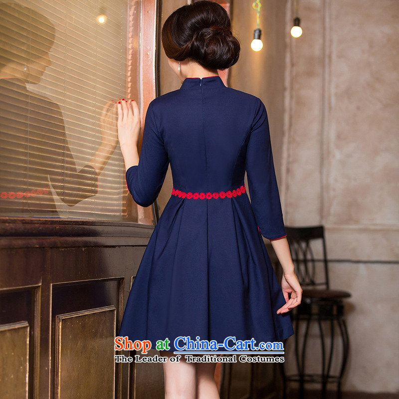 Mr Yuen so covered in 2015 improved cheongsam dress female autumn replacing cheongsam dress new seven-sleeved cotton bride wedding services HY6088 bows Deep Blue , L, MR YUEN (YUAN SU shopping on the Internet has been pressed.)