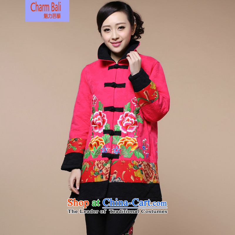 2015 winter clothing new retro embroidery Tang dynasty xl cotton linen in long cotton coat jacket female in the red XL