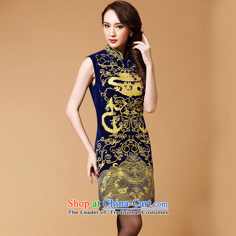 Optimize fruit shop 2015 New Bell autumn girl mothers with retro totem sleeveless embroidery velvet cheongsam dress blue S, Ms Audrey EU-hyung, WEIYUXIN Arabic) , , , shopping on the Internet