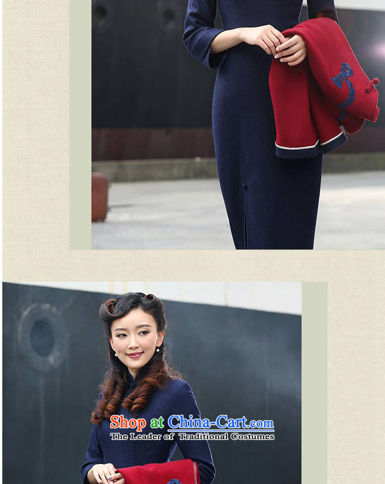 A Pinwheel Without Wind Wah Yan 2015 Yat autumn and winter new wool cheongsam dress? 7 cuff improved stylish qipao 2 color navy blue  L picture, prices, brand platters! The elections are supplied in the national character of distribution, so action, buy now enjoy more preferential! As soon as possible.