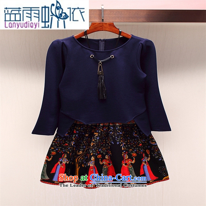 Ya-ting A5969 Shop Boxed temperament autumn two kits round-neck collar with necklaces irregular shirt + national stamp short skirts , blue blue rain butterfly according to , , , shopping on the Internet