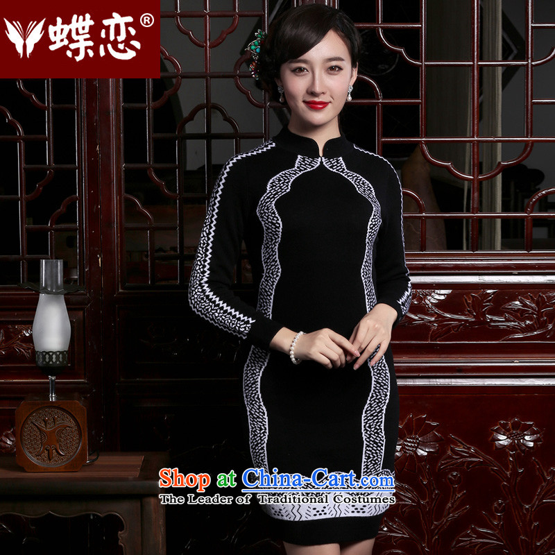 The Butterfly Lovers 2015 autumn and winter new women's Pure Wool retro knitting Sau San, forming the basis? cheongsam dress black - pre-sale 15 days?M