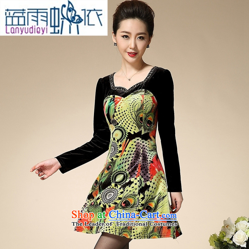 Ya-ting shop mother load new autumn 2015) Older women's larger temperament Sau San long-sleeved green velvet Kim XL, blue rain butterfly according to , , , shopping on the Internet