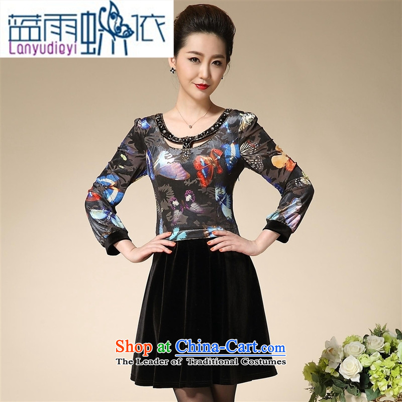 Ya-ting shop 2015 Autumn New) Older women's larger mother inserts drill Western Kim long-sleeved black velvet XXXL, blue rain butterfly according to , , , shopping on the Internet
