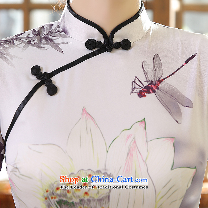 Land 2015 autumn morning cheongsam with retro short, long-sleeved improved stylish herbs extract silk CHINESE CHEONGSAM autumn light gray , L, morning I should be grateful if you would have the land has been pressed shopping on the Internet