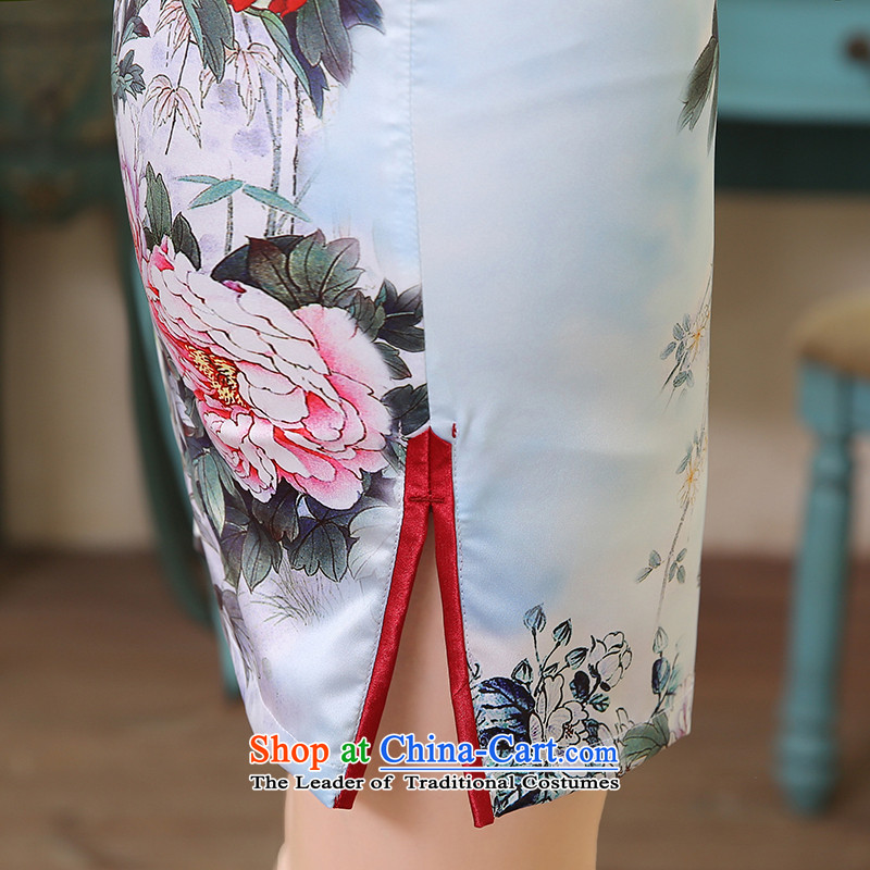 Morning new qipao land 2015 fall short of a long-sleeved retro fitted improved stylish herbs extract Silk Cheongsam Peony Light Gray 155/S, morning land has been pressed shopping on the Internet