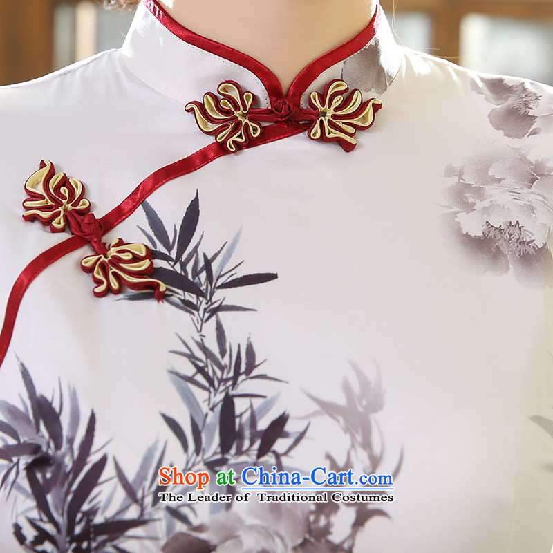 Morning new qipao land long-sleeved short of 2015 retro improved stylish herbs extract silk CHINESE CHEONGSAM Water Light Gray Ink M morning land has been pressed shopping on the Internet