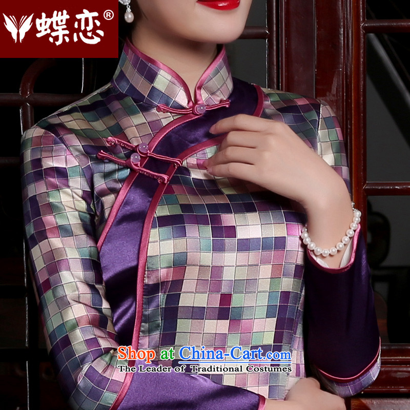 The Butterfly Lovers 2015 autumn and winter new Chinese Antique long-sleeved cheongsam dress improved stylish Silk Cheongsam grid long L, Butterfly Lovers , , , shopping on the Internet