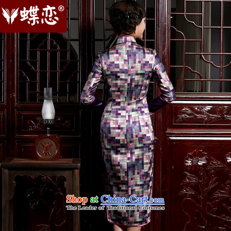 The Butterfly Lovers 2015 autumn and winter new Chinese Antique long-sleeved cheongsam dress improved stylish Silk Cheongsam grid long S, Butterfly Lovers , , , shopping on the Internet