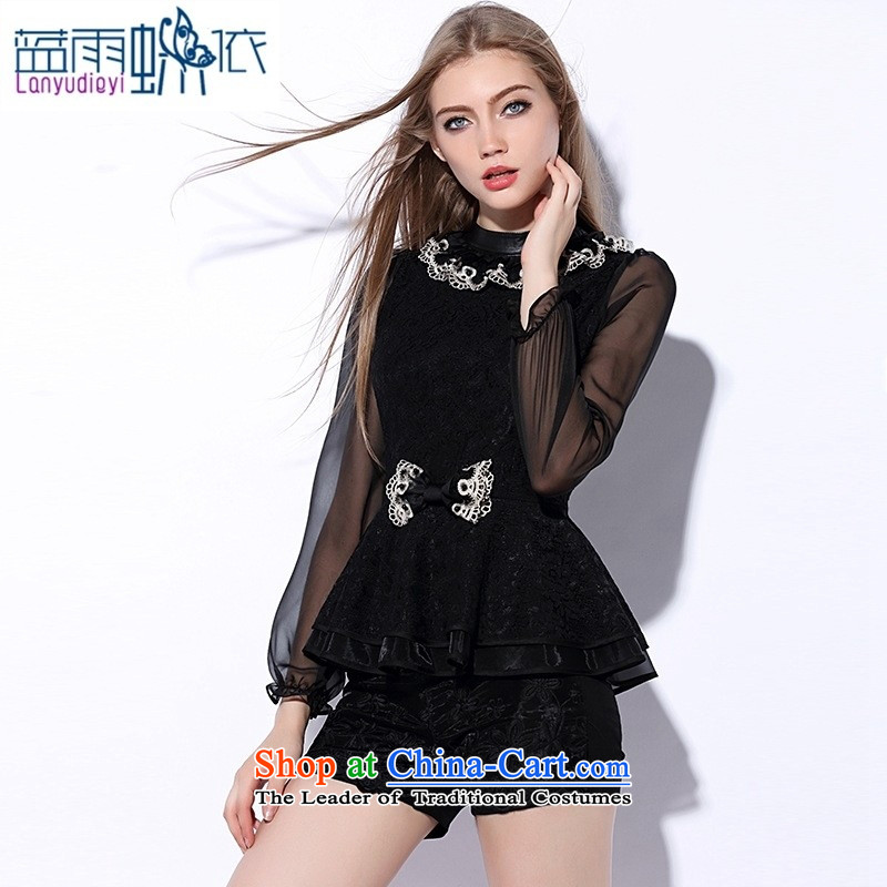 The main European station 2015 Women's autumn and winter new stylish leather wear the spell checker shirt collar female VA87690 black M Blue rain butterfly according to , , , shopping on the Internet