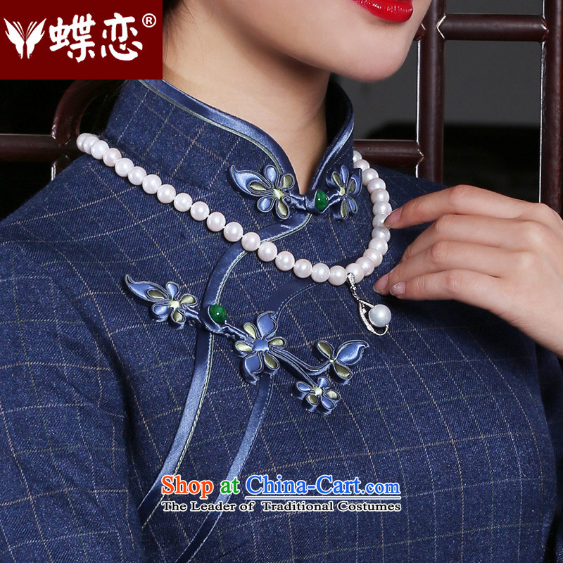 The Butterfly Lovers 2015 autumn and winter new retro long long-sleeved stylish improved day-to-Grid qipao navy blue checkered - pre-sale period of 10 days , M Butterfly Lovers , , , shopping on the Internet
