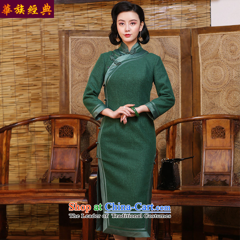 China Ethnic classic retro improved long long-sleeved republic of korea cheongsam dress Fall_Winter Collections temperament Ms. daily qipao Army Green - 15 days pre-sale M