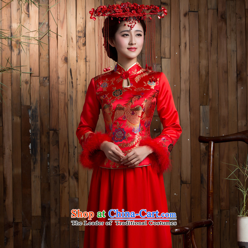 2015 new drink service long long-sleeved retro winter red thick Chinese wedding dress bridal dresses red?XL